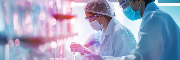 Two researchers examining samples with precision under controlled lab conditions are depicted