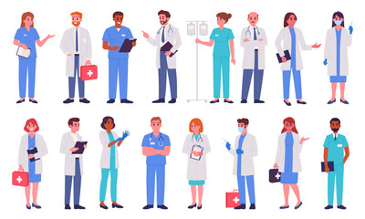 Doctors and nurses. Medical clinic workers, doctor, paramedic and nurse, hospital professional staff, therapist and anesthesiologist flat vector illustration set. Healthcare and medicine characters