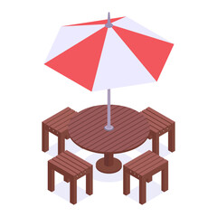 Isometric garden furniture and umbrella. Backyard wooden chairs and table with umbrella 3d vector illustration. Comfortable wooden terrace furniture © GreenSkyStudio