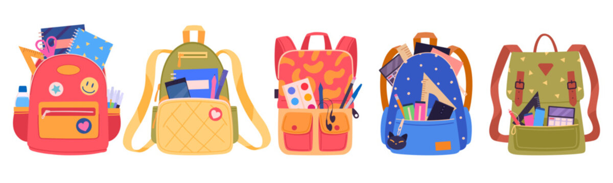 Kids school bags. Childish school backpacks with books and school supplies, students backpacks flat vector illustration set. Cartoon various school bags collection