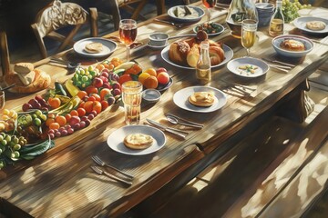Generous farm-to-table dinner with wine, fruits, bread, and plentiful food, set on a wooden table, showcasing the lush, abundant harvest at dusk in the prairie. Watercolor illustration.