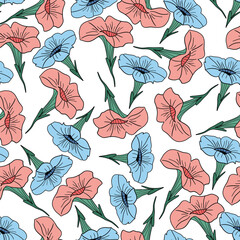 Pink and light blue flat design seamless pattern petunia