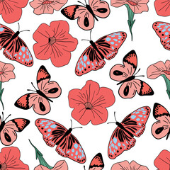 Butterflies petunia flat design seamless pattern