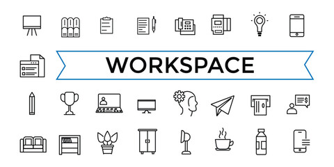 Office workspace elements line web icon set. Outline icons pack. Icon collection. Editable vector icon and illustration.