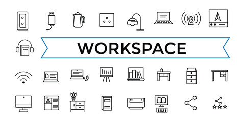 Office workspace elements line web icon set. Outline icons pack. Icon collection. Editable vector icon and illustration.