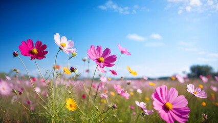 Fototapeta premium Pink and red cosmos blooming in the field blue sky background