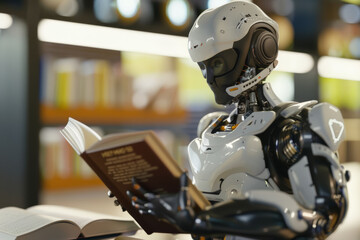 Fototapeta premium Futuristic robot engrossed in reading a book, indicating advanced artificial intelligence and learning.