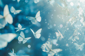 Enchanting butterflies flutter amidst a mystical blue bokeh background, evoking a dreamlike serenity.