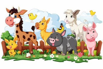 Digital artwork of happy farm animals by a wooden fence with a scenic backdrop