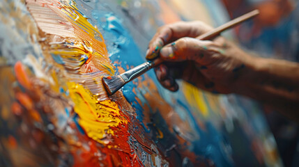 Abstract graffiti art on a wooden board, featuring a hand holding a paintbrush and applying paint to the surface