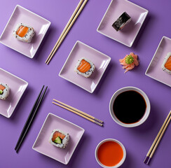 Fresh sushi rolls on a yellow background. Asian cuisine. Copy space. Top view.