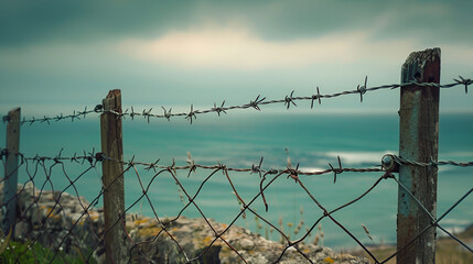 As the metal barbed wire from World War II glistens in the foreground the serene beauty of the English Channel provides a striking backdrop