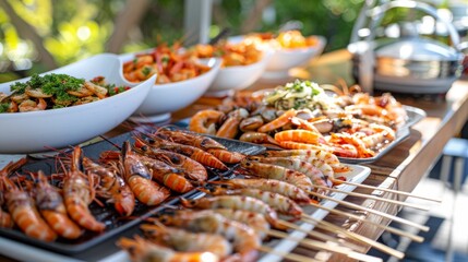 A seafood barbecue buffet with grilled squid, shrimp, and lobster tails, served with a variety of sauces and accompaniments on a sunny terrace.