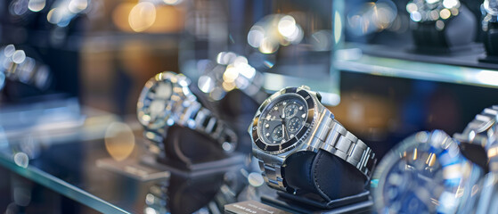 Luxury watches on display, gleaming with sophistication under store lights.