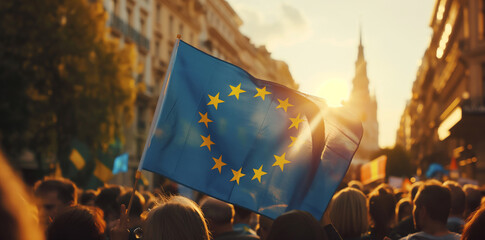 Rally of people with European flag against right wing