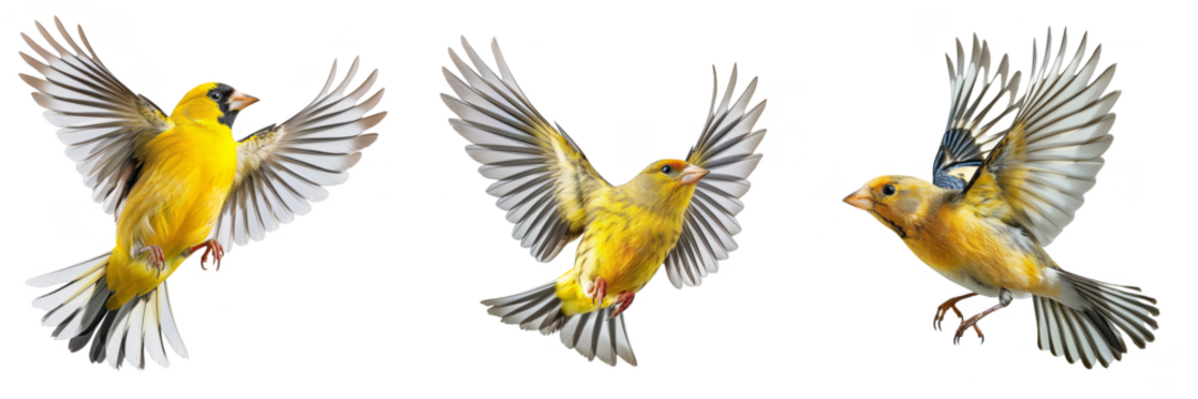 Three vibrantly american goldfinch birds mid-flight with outstretched wings