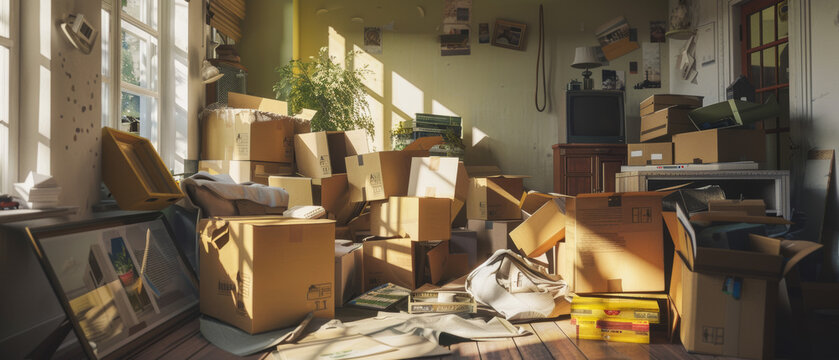 Chaotic moving day with boxes cluttering a sunlight-filled room.