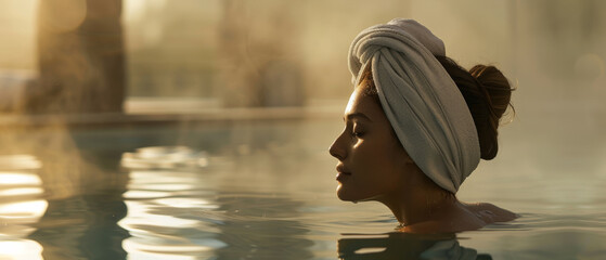 Woman enjoys serene moment in warm, golden-lit thermal spa waters.