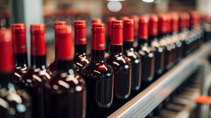 Red wine bottles on conveyor belt in factory for quality control and food production