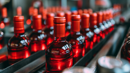 Red wine bottles on conveyor belt in factory for quality control and food production