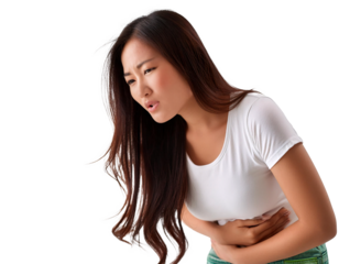 Girl has stomachache her  face is not smiling like a sick person.