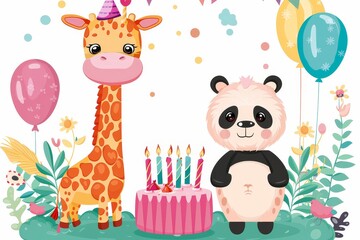 A cheerful illustration featuring a giraffe and panda beside a colorful birthday cake with candles Perfect for children's party themes