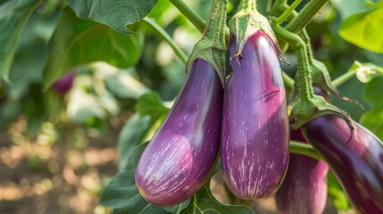 Close-up of ripe, purple eggplants hanging on a plant in a garden, captured under sunlight with green foliage in the background. - Powered by Adobe