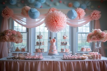 An elaborate baby shower dessert table with cakes, flowers, and decorations in pink