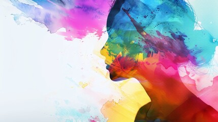 Colorful abstract silhouette of a woman with vibrant watercolor splashes, blending art and creativity.