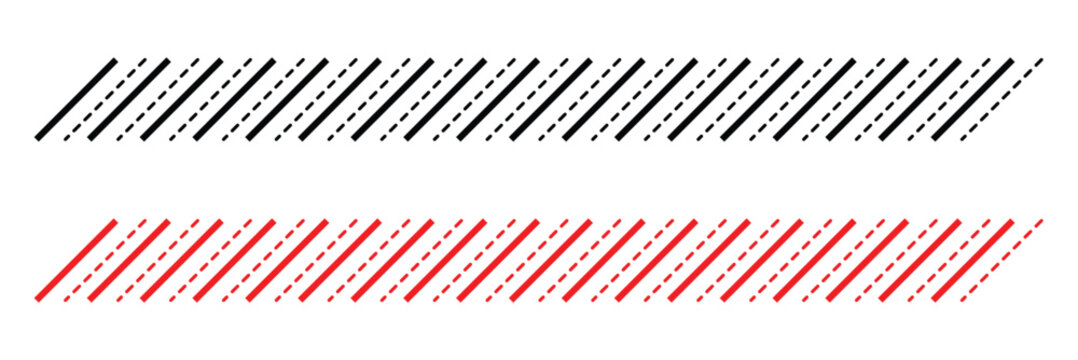 Slash line border. Diagonal parallel lines divider strip. Tilt strip geometric abstract border. Slash divider. Vector illustration isolated on white background.
