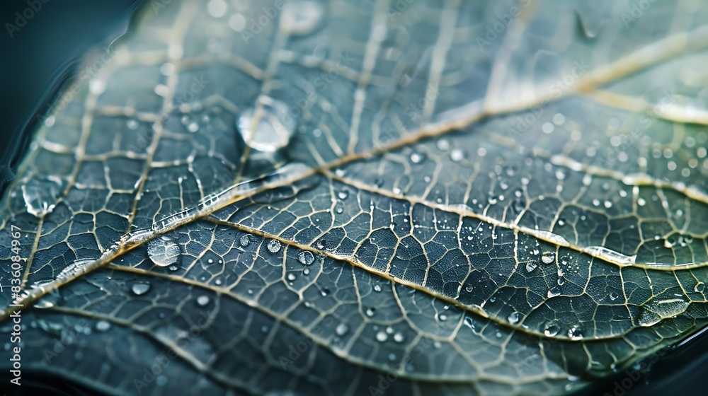 Wall mural detailed macro shot showcasing raindrop on delicate leaf skeleton structure.