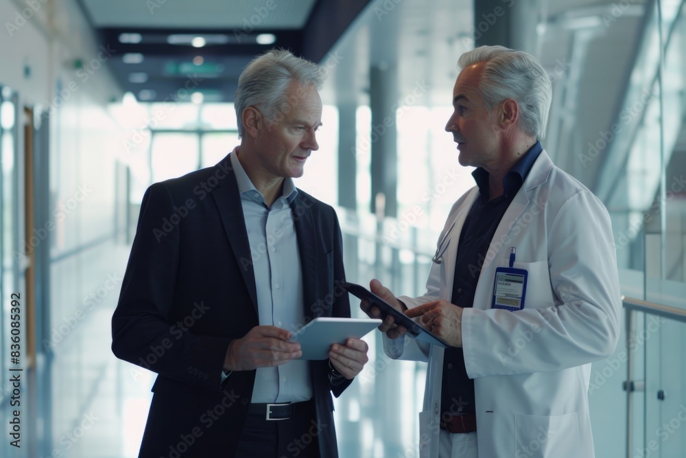 Poster Pharmaceutical sales representative talking with doctor in medical building.    Ambitious male sales representative  presenting new medication on tablet.