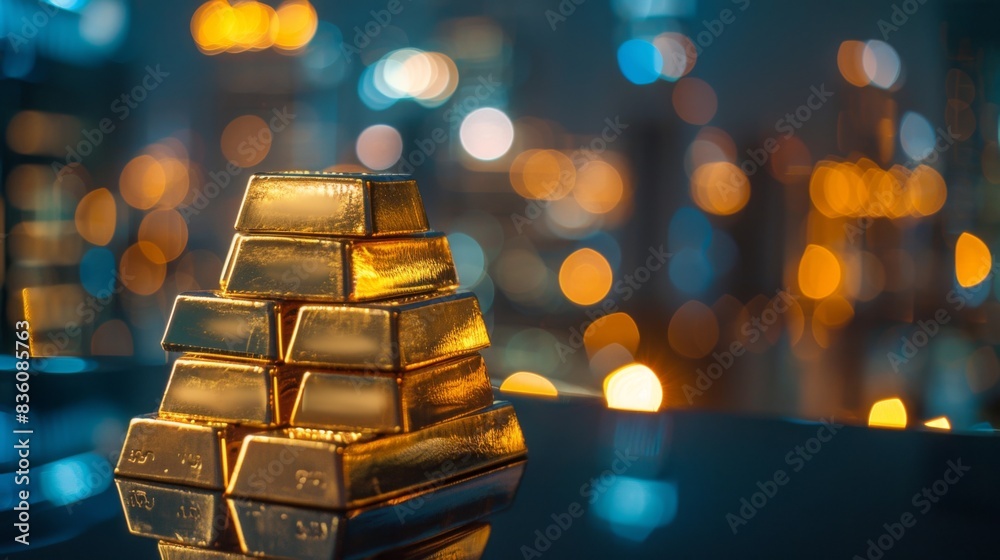 Poster a stack of gold bars with a reflection of city lights in the background, representing the intersecti