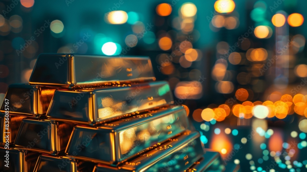 Poster A stack of gold bars with a reflection of city lights in the background, representing the intersection of wealth and urban life.