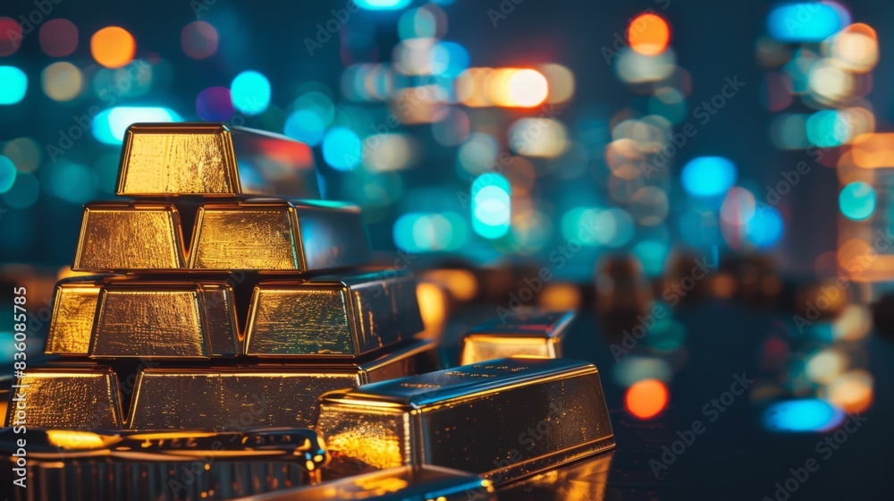 Poster a stack of gold bars with a reflection of city lights in the background, representing the intersecti