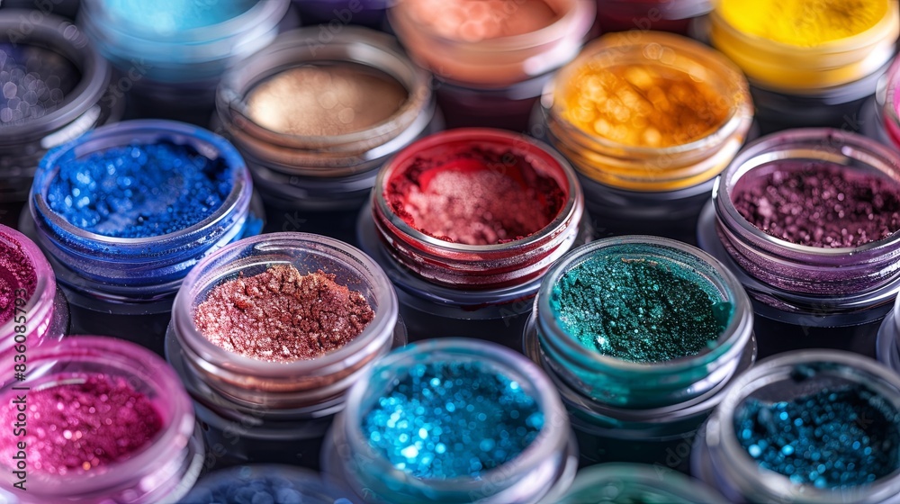 Poster close-up of colorful makeup pigments and powders in small jars, showcasing their rich textures. gene