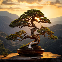 informal upright juniper bonsai with mountain view at sunset