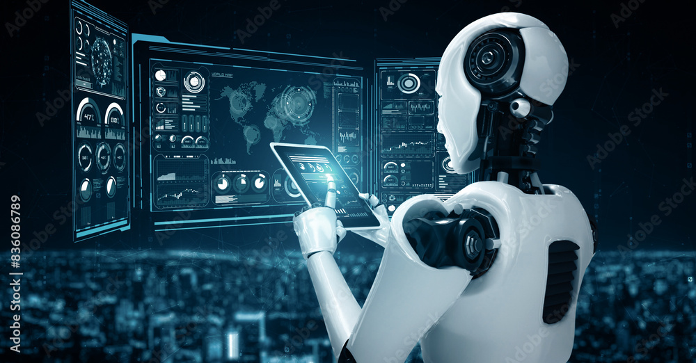 Poster mlp 3d illustration robot hominoid using tablet computer for big data analytic using ai thinking bra