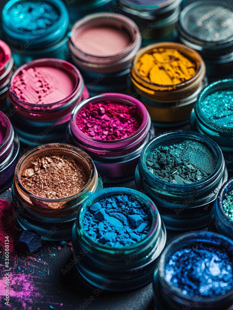 Poster Close-up of assorted colorful makeup pigments and powders arranged artistically in small jars. Generative AI