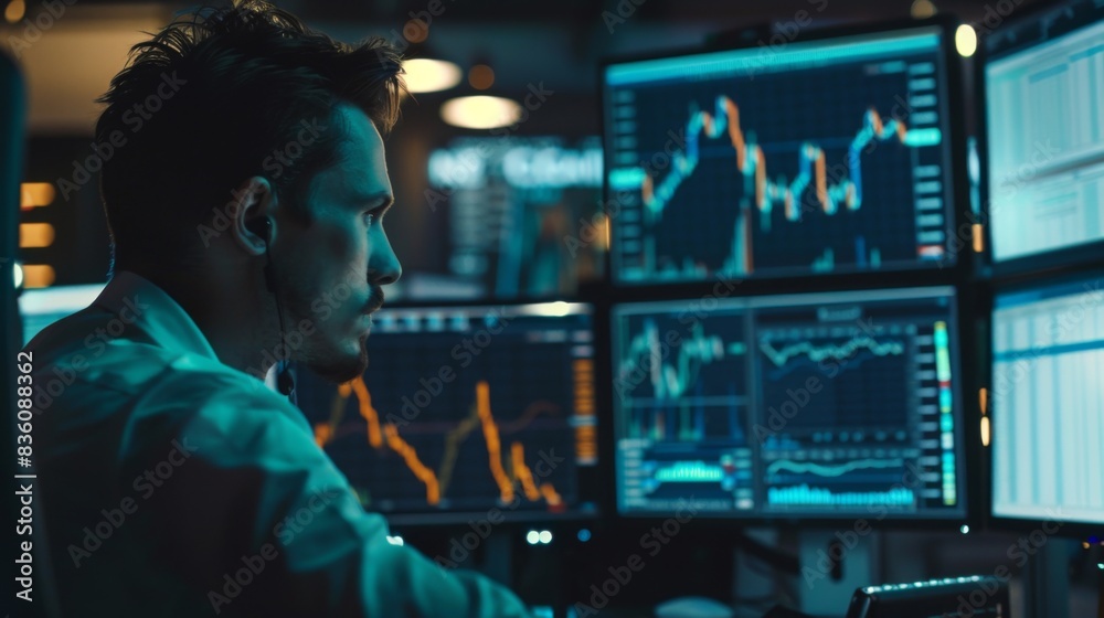 Fototapete a trader monitoring stock market graphs on a computer screen, analyzing price movements and trading 