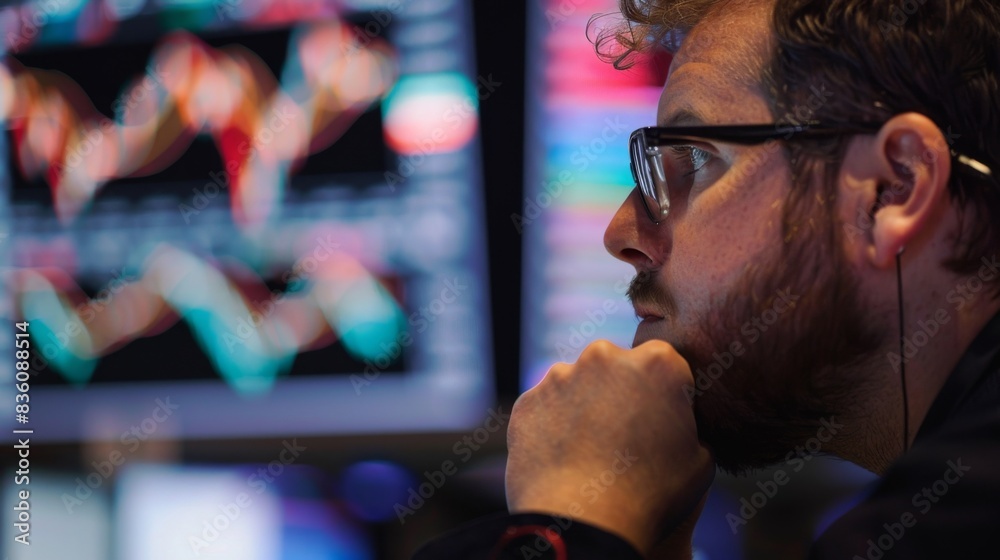 Fototapete a trader monitoring stock market graphs on a computer screen, analyzing price movements and trading 