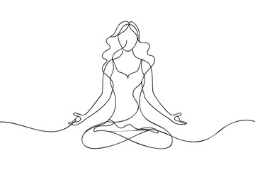  Yoga girl continuous line art vector illustration on white background.