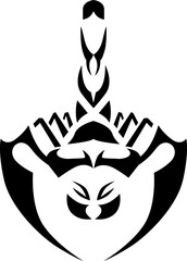 Black scorpion, front view. The tail is raised, sharp claws on a white background. Background excluded