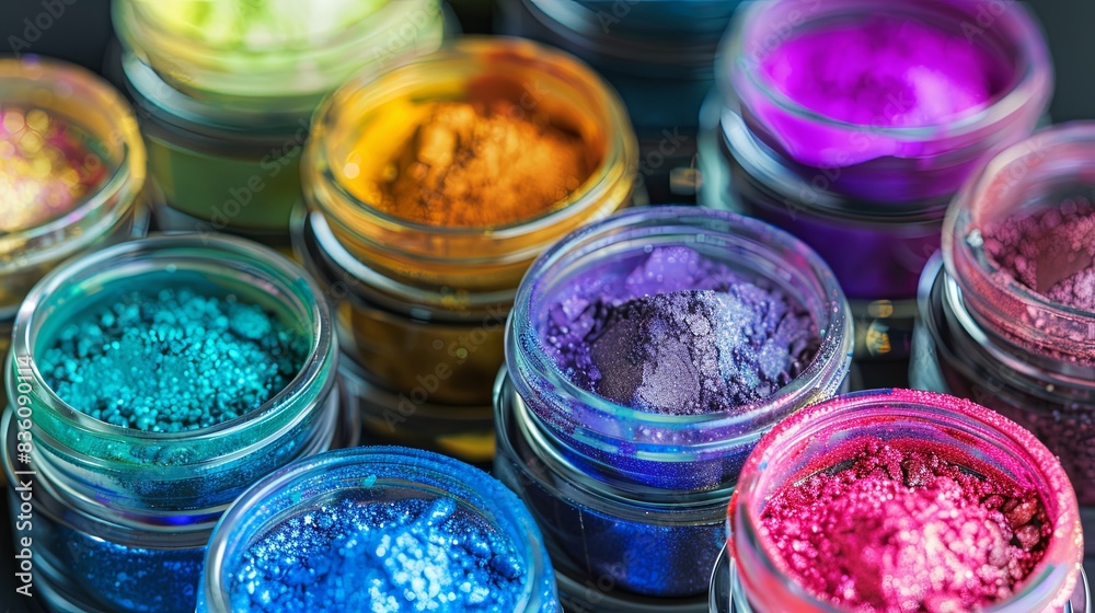 Poster A close-up view of assorted colorful makeup pigments and powders in small glass jars, arranged in a visually appealing display. Generative AI