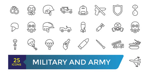 Military and army line icons. Editable Stroke. Military Equipment, tools, aids and appliances. Collection and pack of linear web and ui icons. Editable stroke. Vector illustration