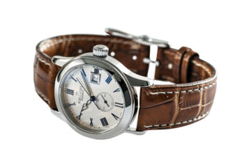 Elegant Silver Wristwatch with Brown Leather Strap