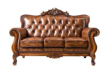 Brown Leather Sofa with Carved Wooden Frame