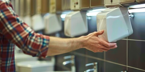 Obraz premium Hand Drying Ritual: A Man Drying His Hands Under an Electric Hand Dryer in a Public Restroom - 4K Wallpaper. A man stands in a public restroom, using an electric hand dryer to dry his hands. This imag
