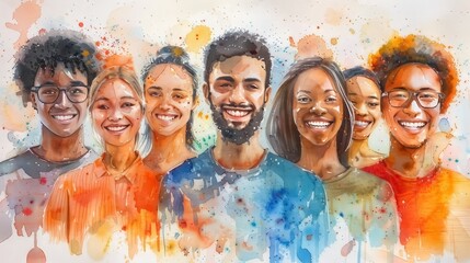 A watercolor illustration on a white background depicts a united and positive group of diverse young people, all smiling together, embodying the concept of diversity
