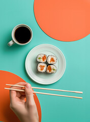 sushi in ceramic plate on coloured background. trendy style on orange and blue colour backdrop.